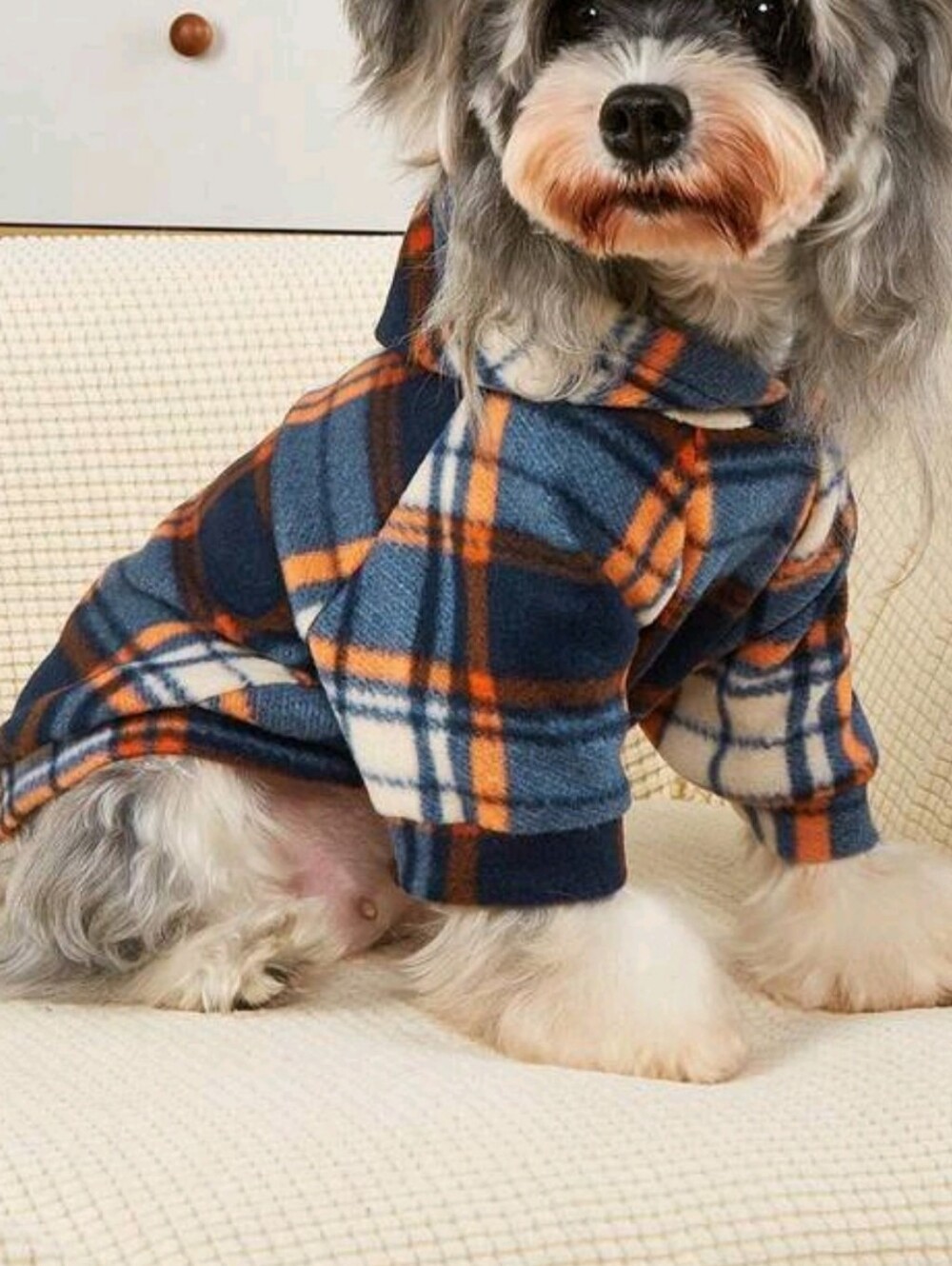 Plaid Fleece Dog Hoodie - Navy & Orange